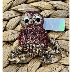 DESIGNER STYLE CRYSTAL RUBY RED RHINESTONE OWL BIRD BROOCH
